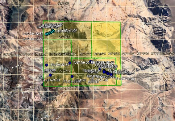 Mapa de sondajes y zonas mineralizadas: Lagunitas, Fierro Alto, Fierro Bajo y Antena